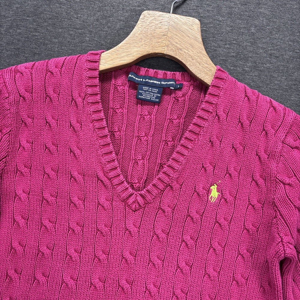 Vintage Ralph Lauren Sport Sweater Womens L Pink Cable Knit V Neck Preppy Y2k